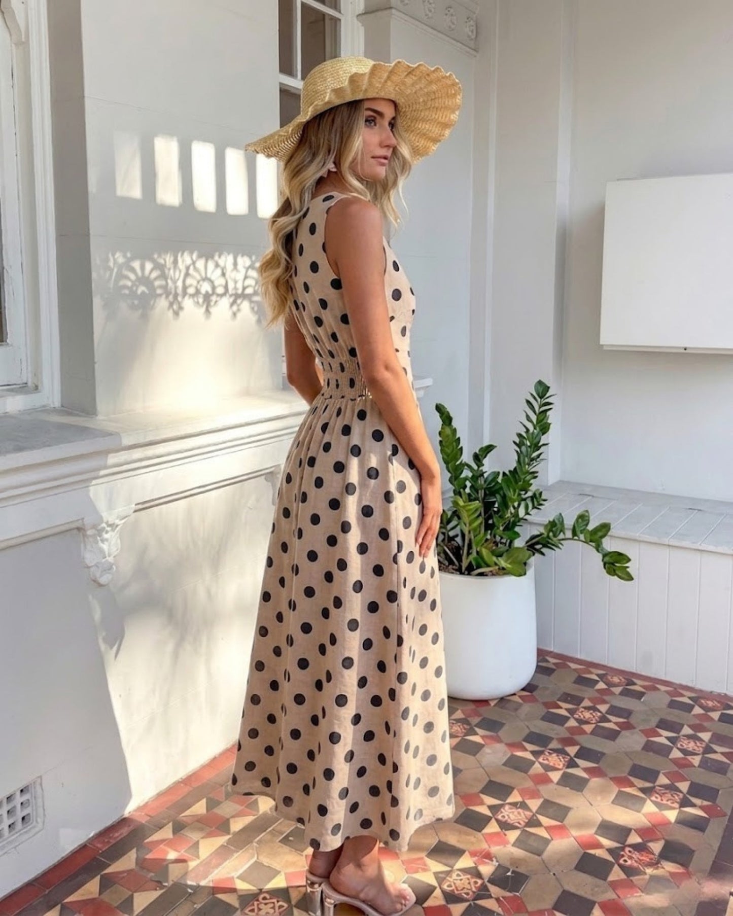 Rafiya Beige Spot Dress | Women's Linen Midi Dress