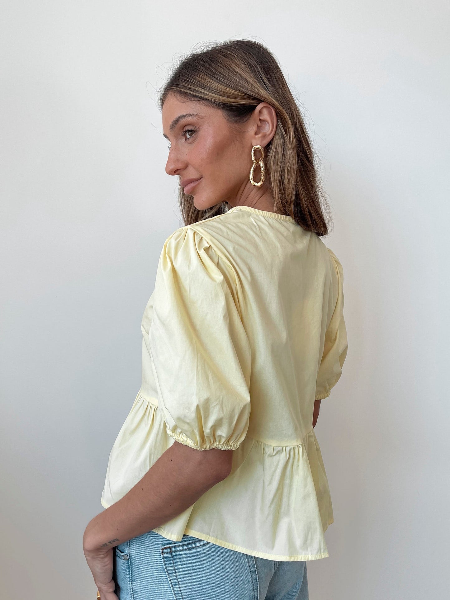Rayanna Yellow Top | Women's Cotton Puff Sleeve Peplum Top