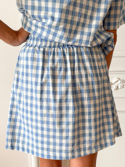 Revan Blue Check Skirt | Women's High Waisted A-Line Mini Skirt
