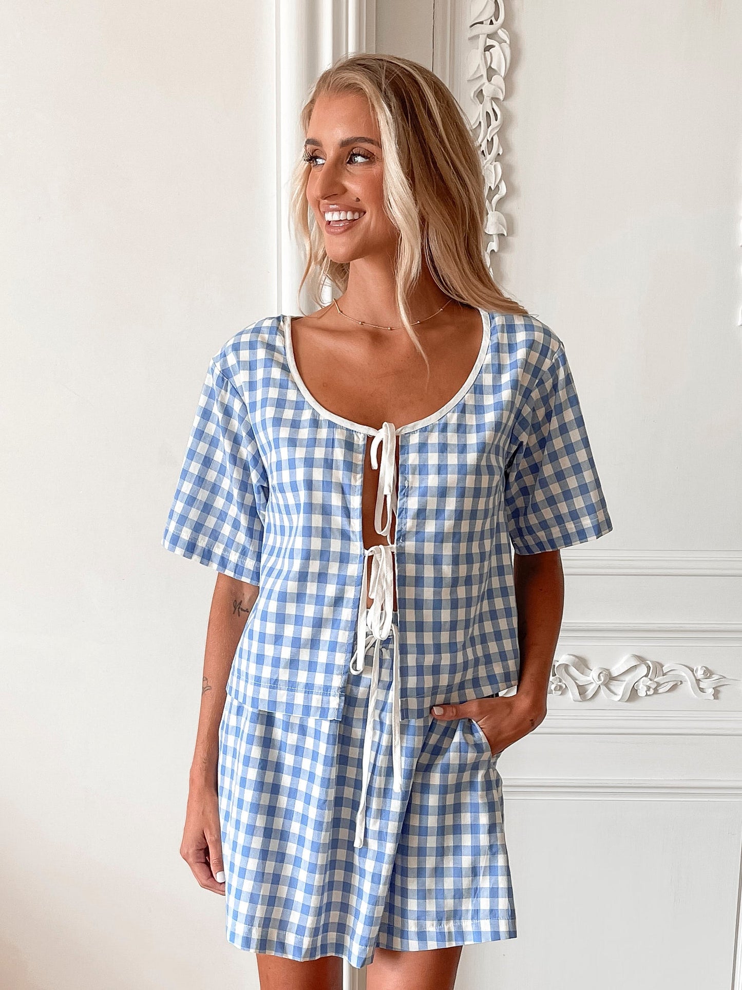 Revan Blue Check Skirt | Women's High Waisted A-Line Mini Skirt
