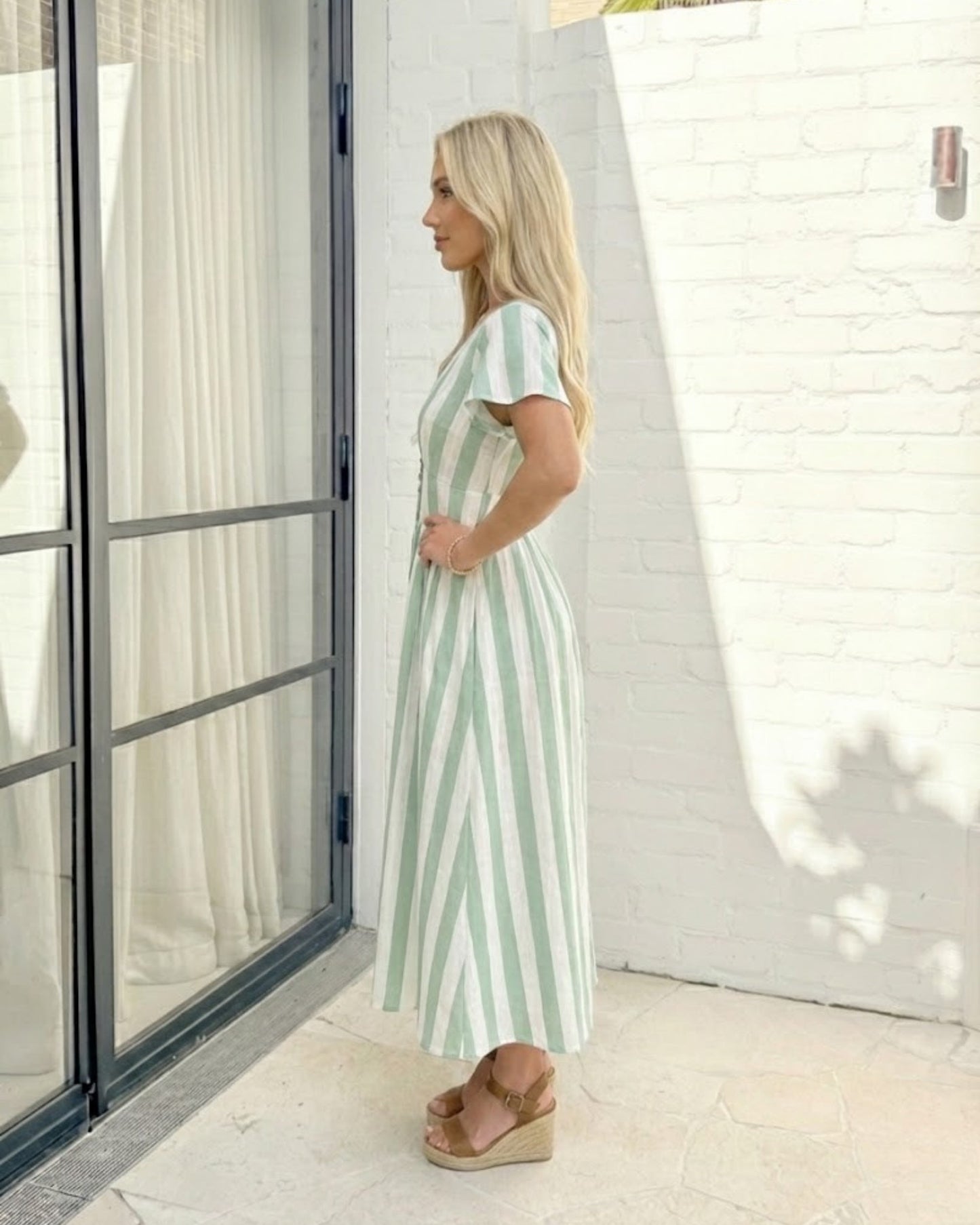 Rhona Green Stripe Dress | Women's Striped Midi Dress