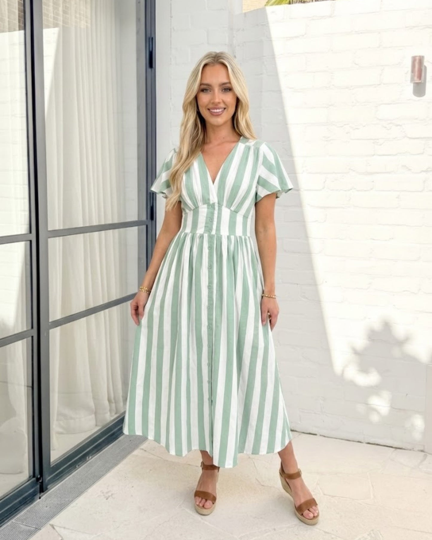 Rhona Green Stripe Dress | Women's Striped Midi Dress