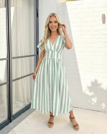 Rhona Green Stripe Dress | Women's Striped Midi Dress