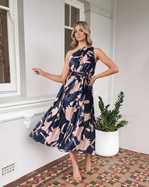 Rosey Pink Floral Dress | Women's One Shoulder Maxi Dress
