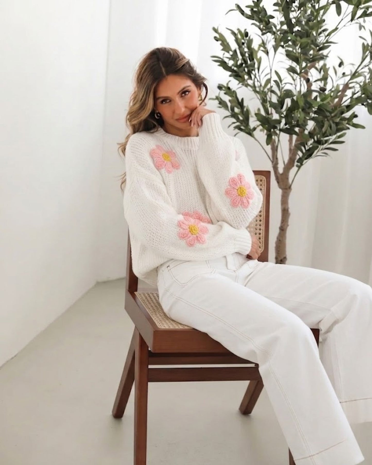 Ryland Knit - White Floral | Women's Floral Applique Knit Jumper