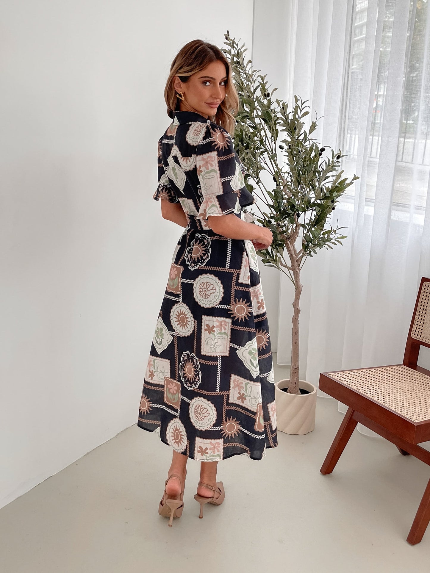 Saige Black Print Dress | Women's Printed Midi Shirt Dress