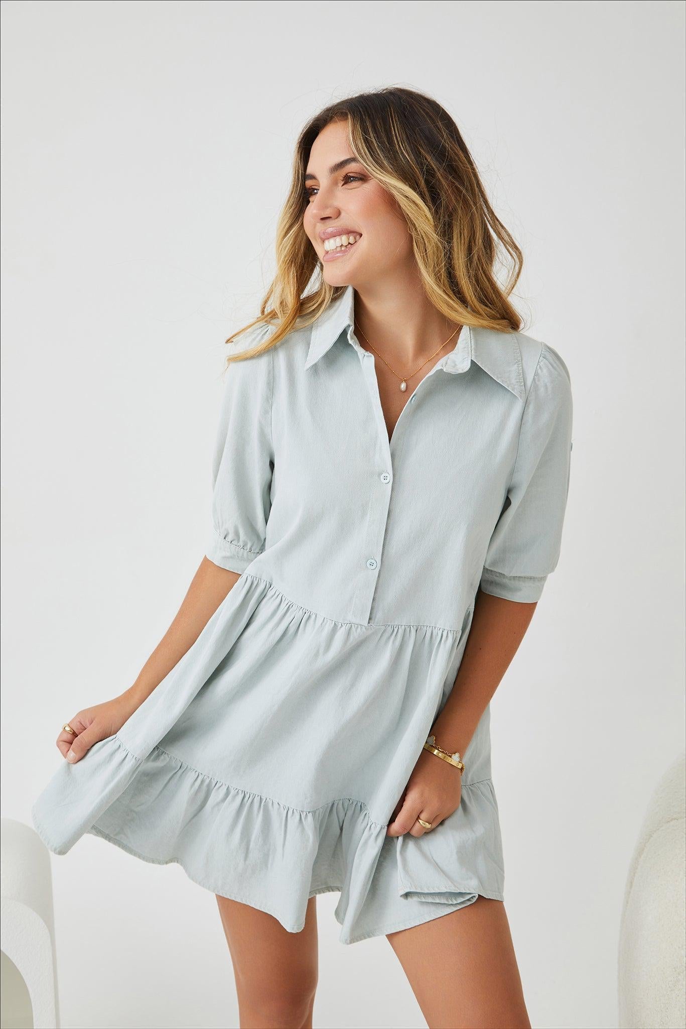 Sanaz Light Blue Dress | Women's Cotton Tiered Shirt Dress