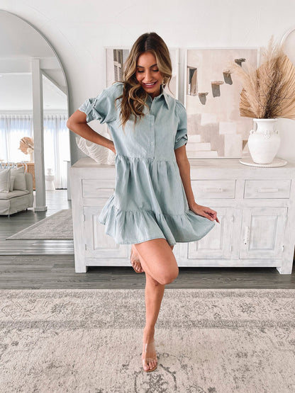 Sanaz Light Blue Dress | Women's Cotton Tiered Shirt Dress