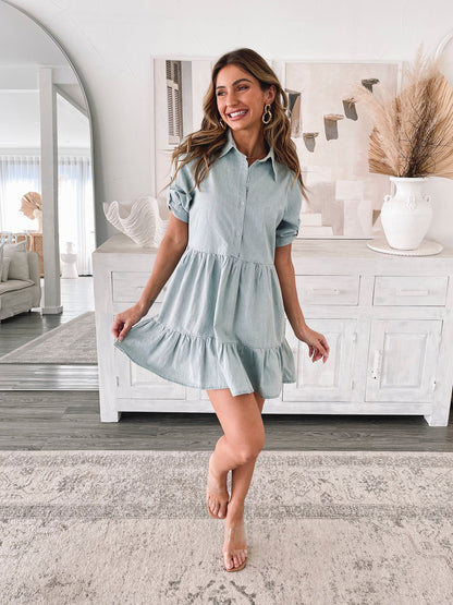 Sanaz Light Blue Dress | Women's Cotton Tiered Shirt Dress