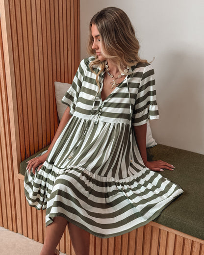 Serah Khaki Stripe Dress | Women's Striped Midi Dress