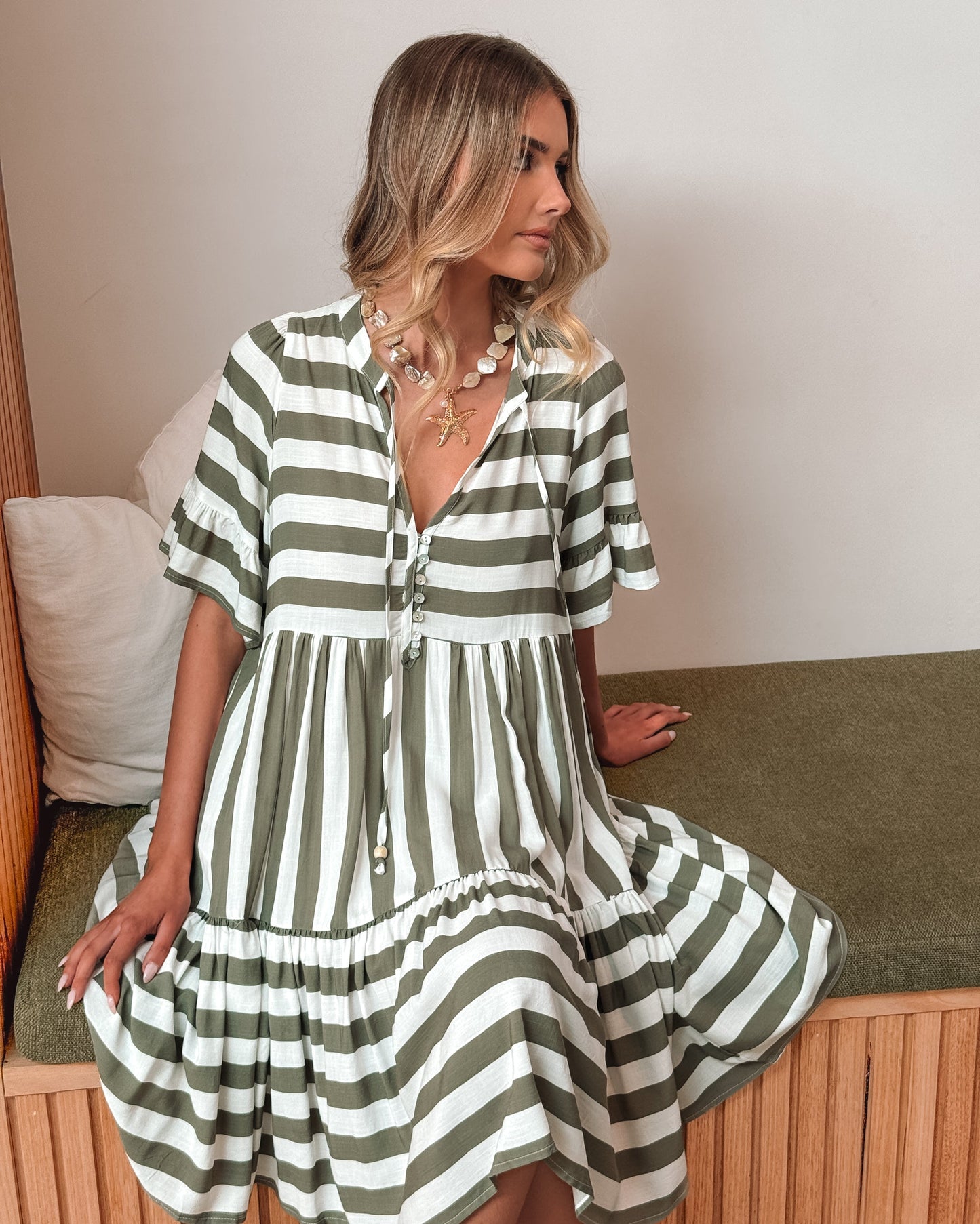 Serah Khaki Stripe Dress | Women's Striped Midi Dress