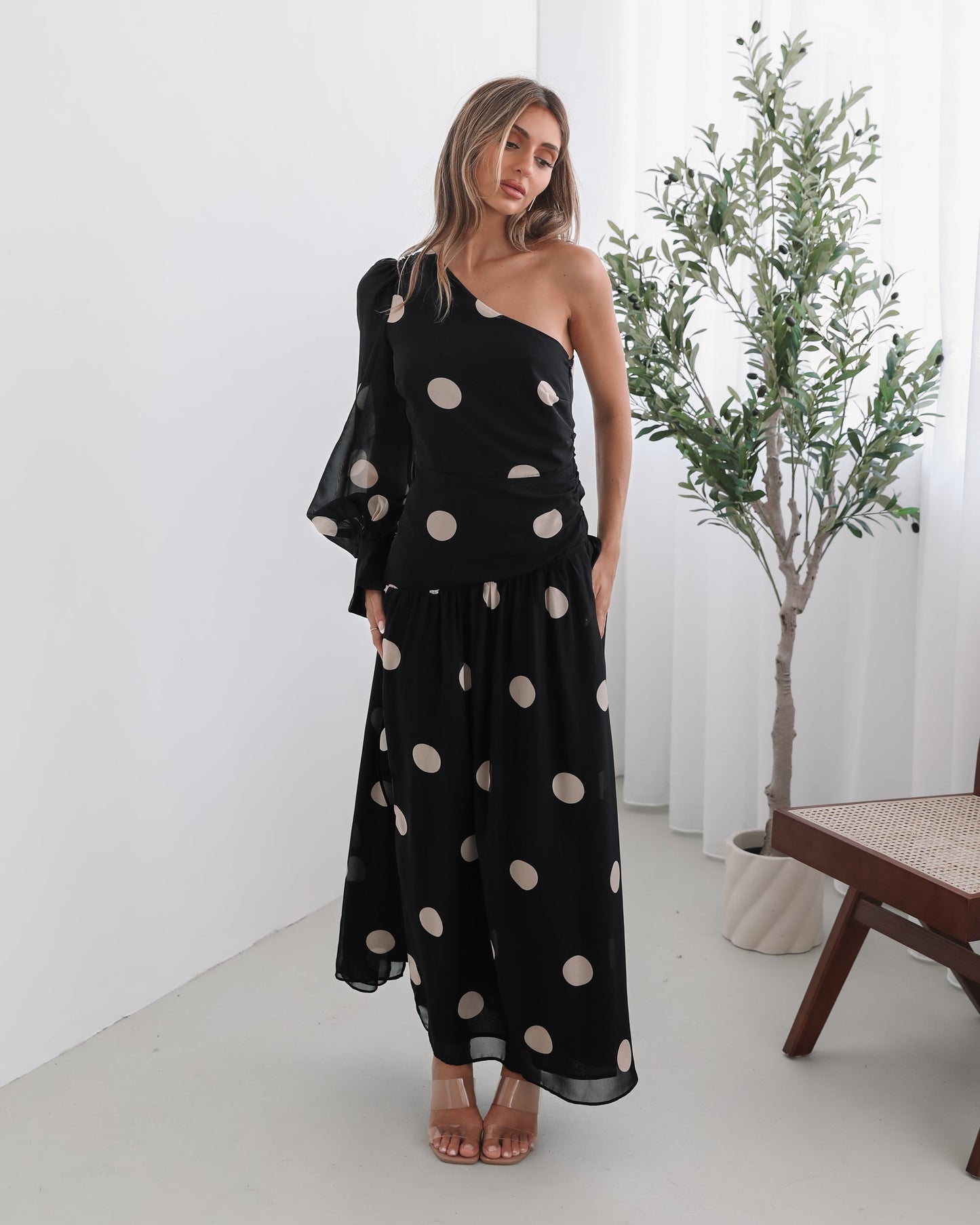 Serenella Dress - Black Spot | Women's Polka Dot Maxi Dress