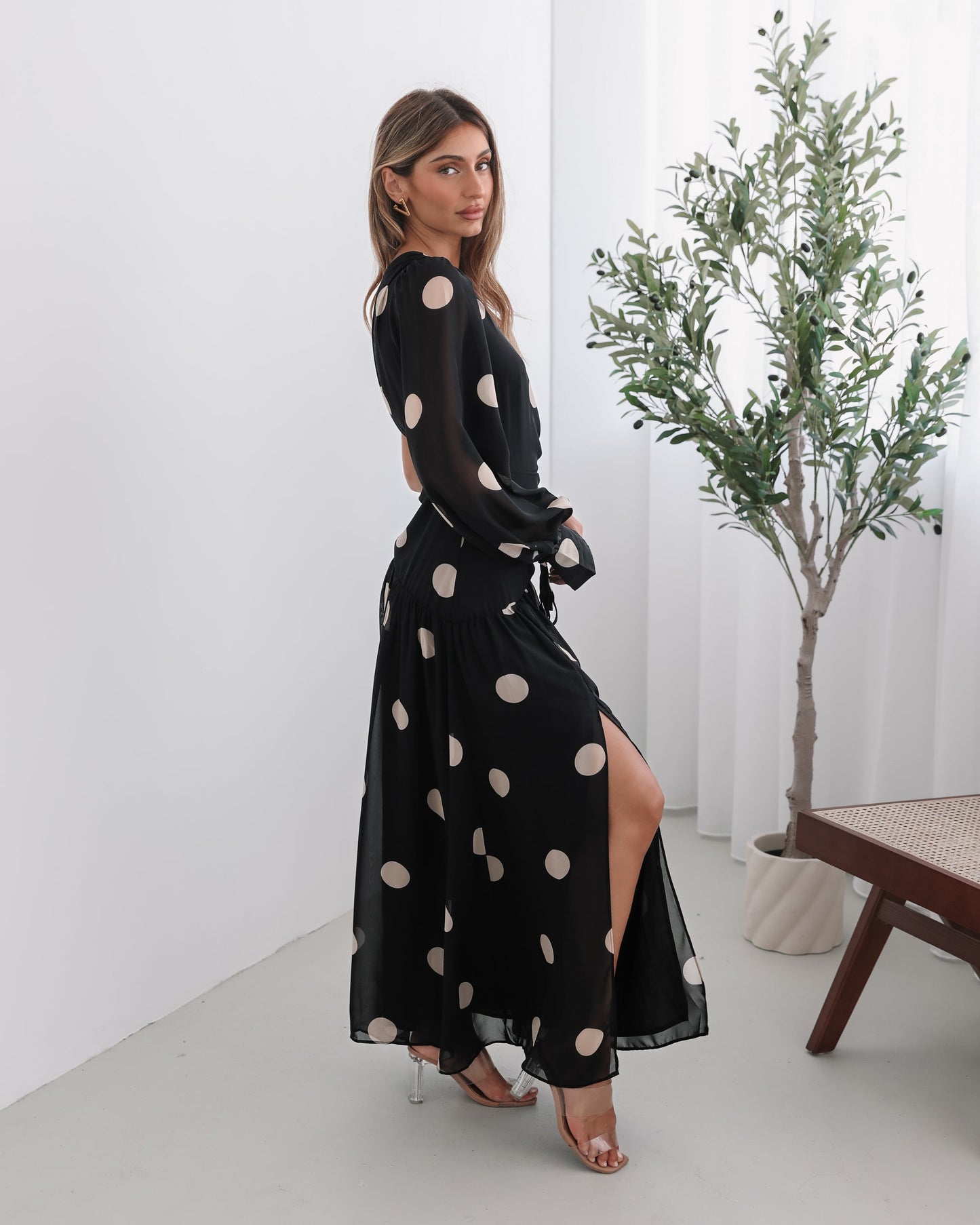 Serenella Dress - Black Spot | Women's Polka Dot Maxi Dress