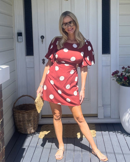Shahnaz Dress Wine Spot | Women's Polka Dot Puff Sleeve Mini Dress