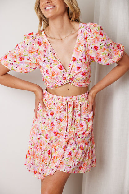 Shani Watercolour Print Top | Women's Puff Sleeve Crop Top
