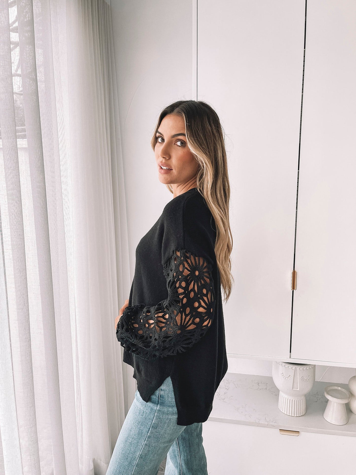 Sharisse Knit - Black | Women's Lace Sleeve Knit Jumper