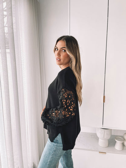 Sharisse Knit - Black | Women's Lace Sleeve Knit Jumper