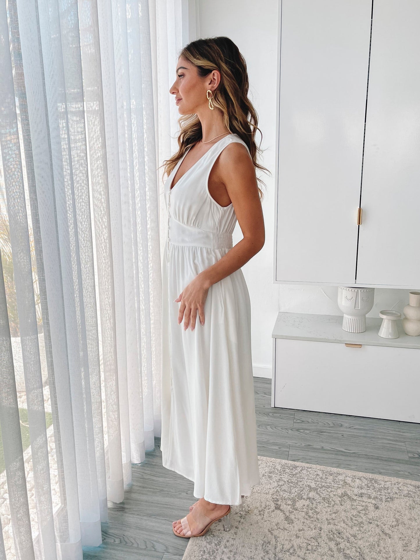 Shawna White Dress | Women's Linen Blend Midi Dress