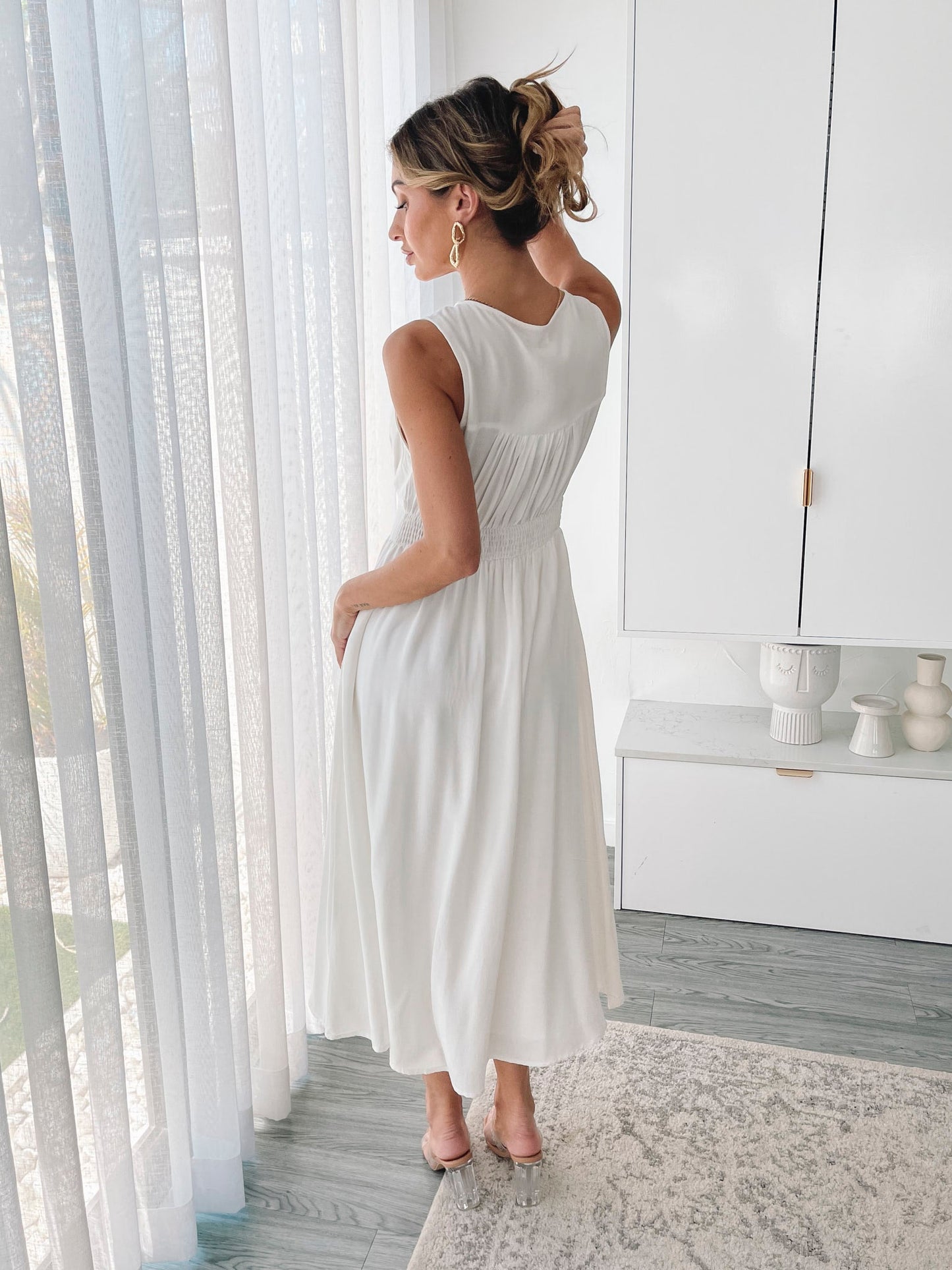 Shawna White Dress | Women's Linen Blend Midi Dress