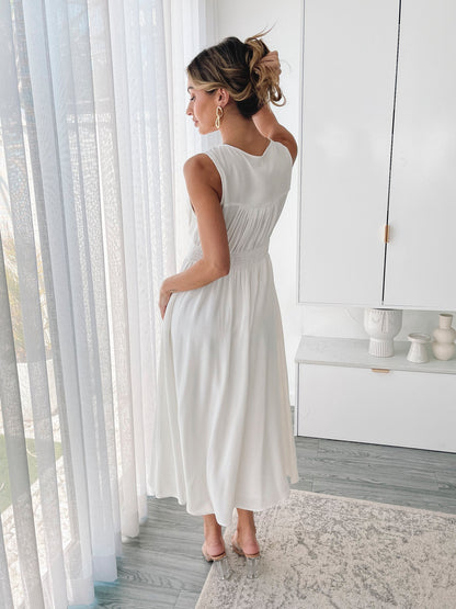 Shawna White Dress | Women's Linen Blend Midi Dress
