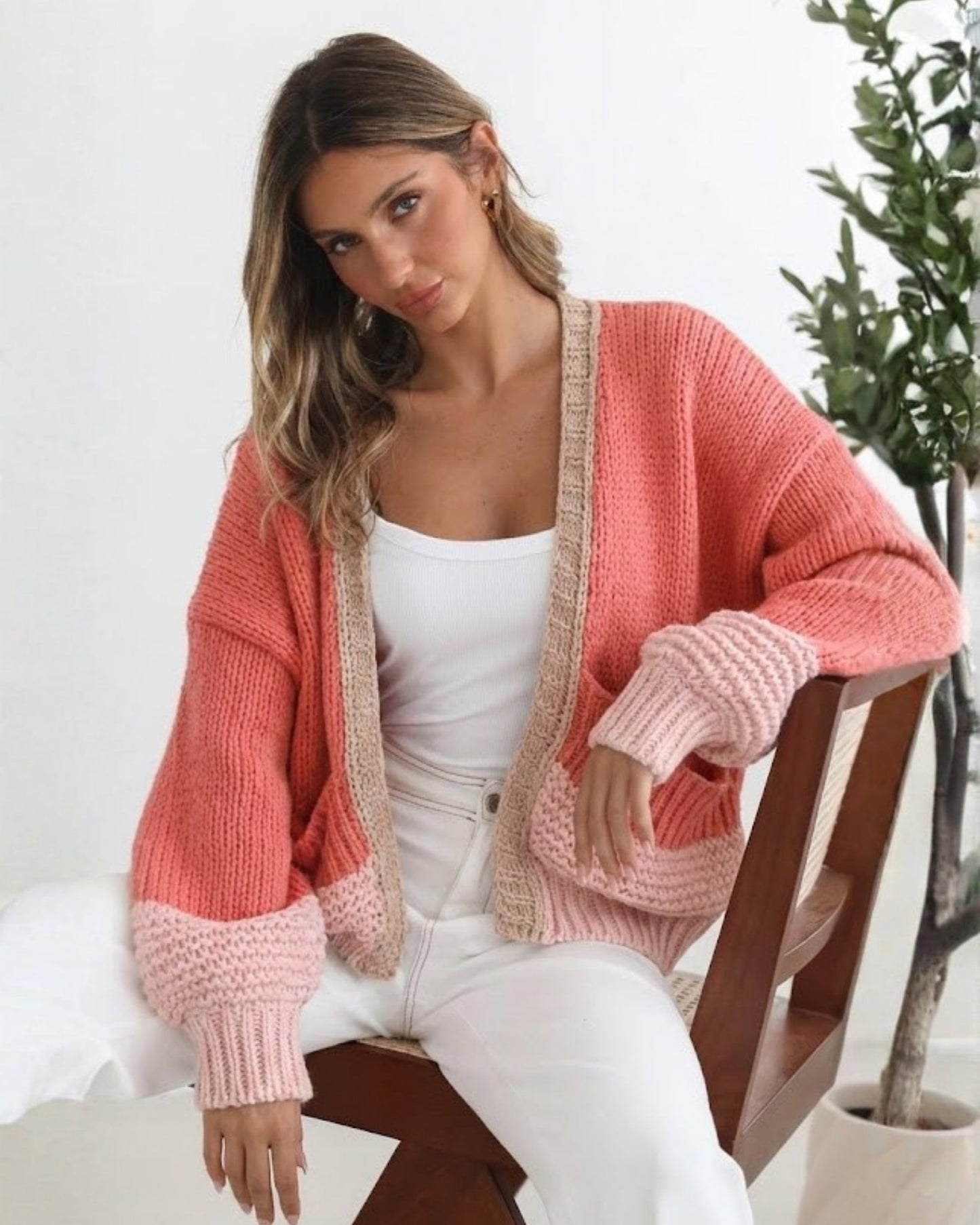 Sheona Cardigan Peach Multi | Women's Open-Front Knit Cardigan
