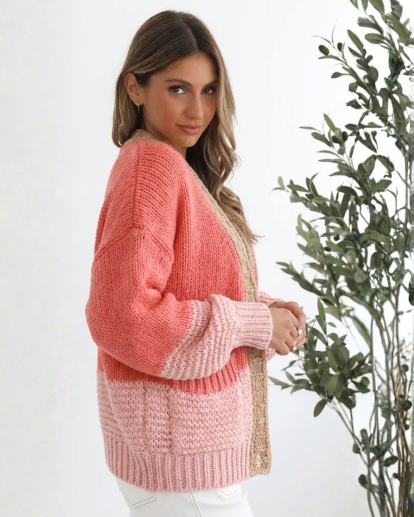 Sheona Cardigan Peach Multi | Women's Open-Front Knit Cardigan