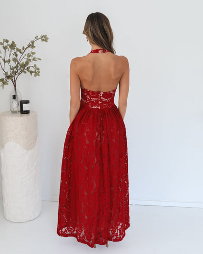 Shira Red Print Dress | Women's Halter Neck Maxi Dress