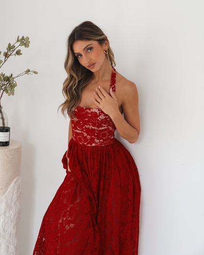 Shira Red Print Dress | Women's Halter Neck Maxi Dress