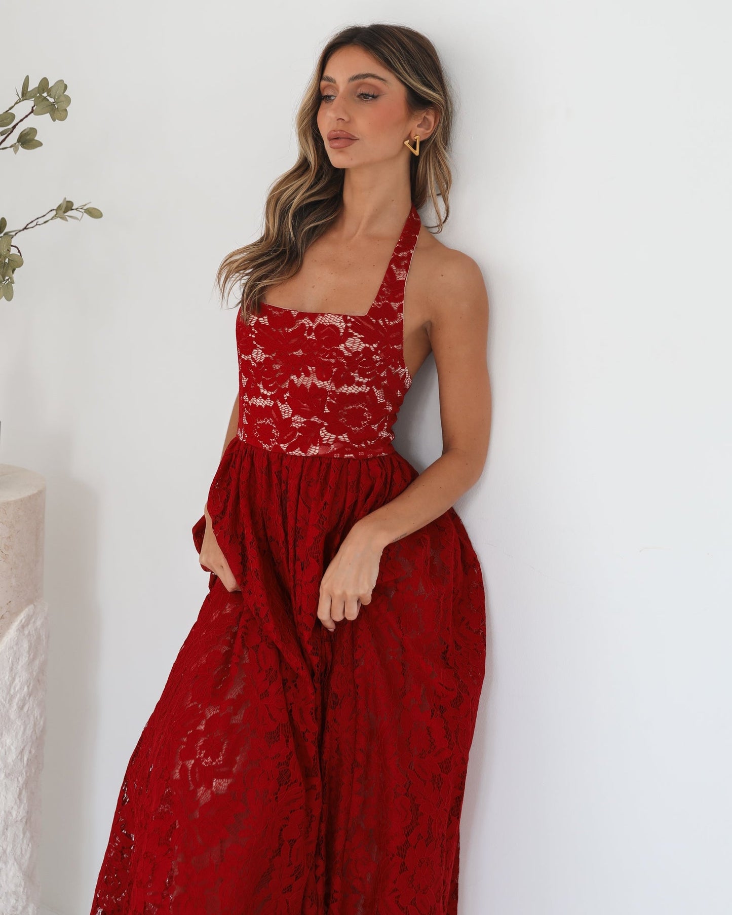 Shira Red Print Dress | Women's Halter Neck Maxi Dress