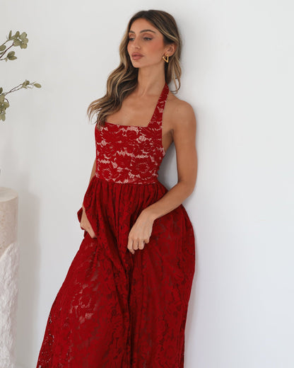 Shira Red Print Dress | Women's Halter Neck Maxi Dress