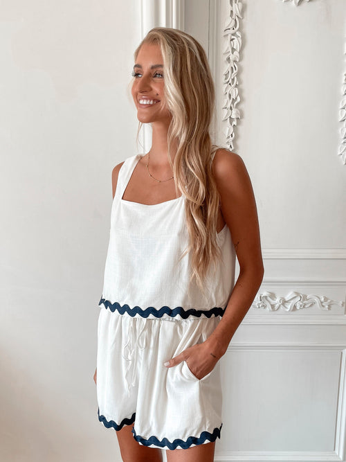 Solara White Multi Shorts | Women's High Waisted Linen Blend Shorts