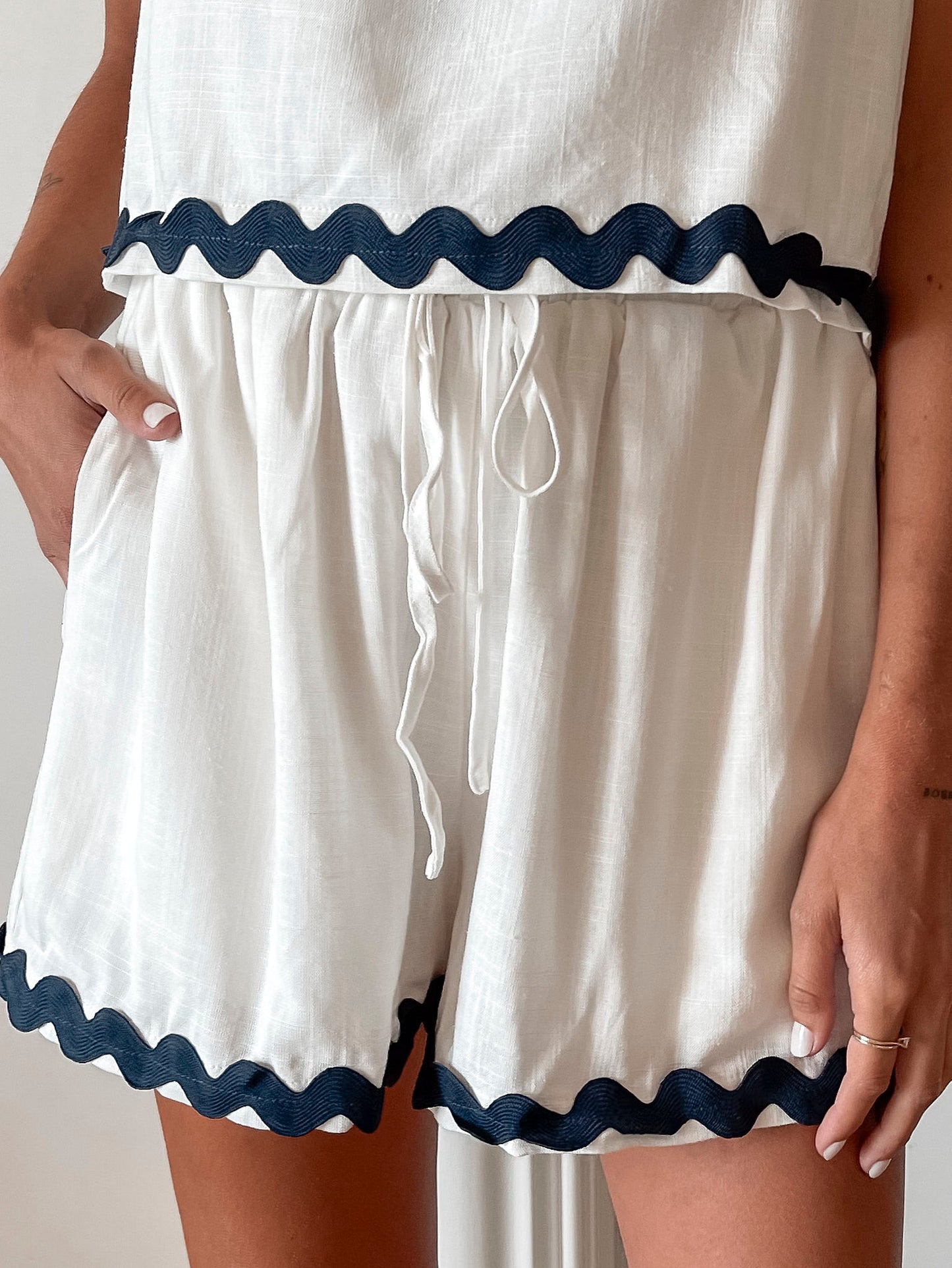 Solara White Multi Shorts | Women's High Waisted Linen Blend Shorts