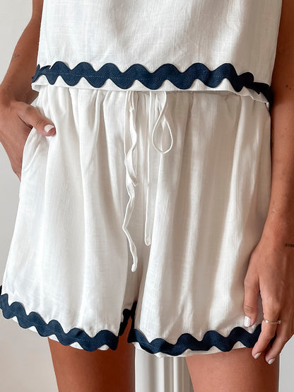 Solara White Multi Shorts | Women's High Waisted Linen Blend Shorts