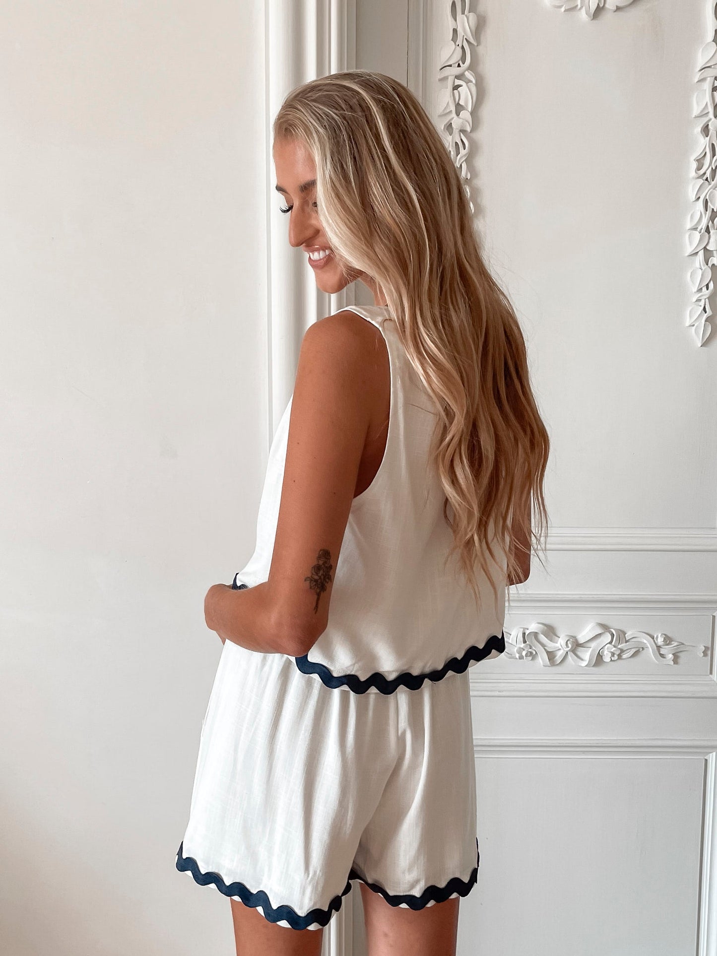 Solara White Multi Shorts | Women's High Waisted Linen Blend Shorts