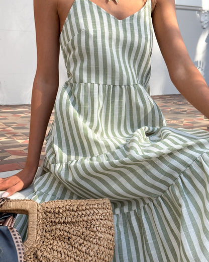 Sona Khaki Stripe Dress | Women's Linen Midi Dress
