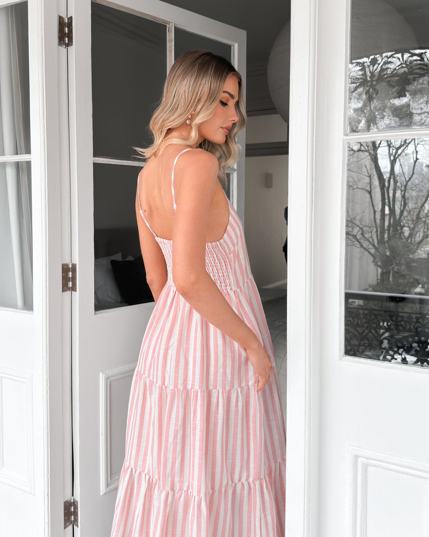 Sona Pink Stripe Dress | Women's Linen Midi Dress