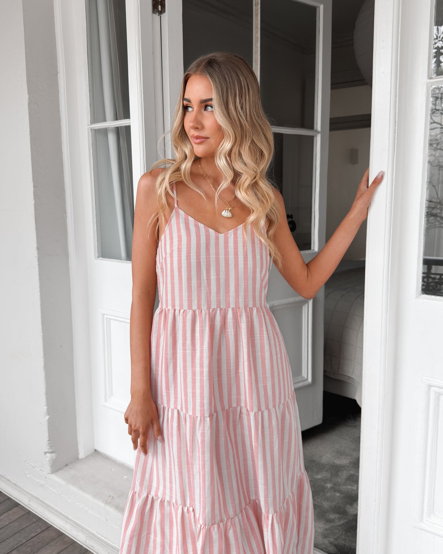 Sona Pink Stripe Dress | Women's Linen Midi Dress