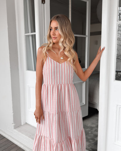 Sona Pink Stripe Dress | Women's Linen Midi Dress