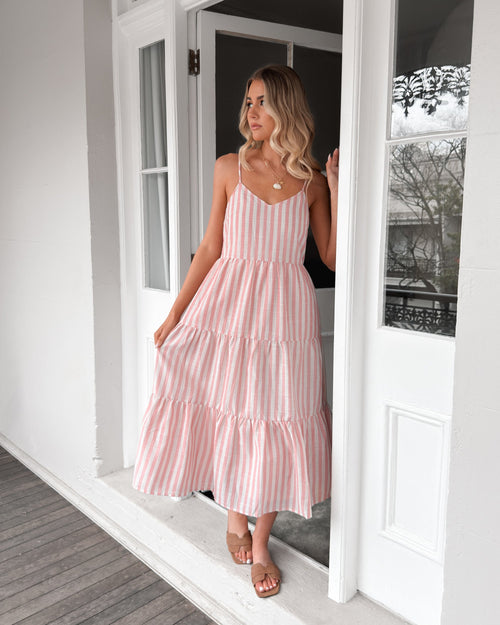 Sona Pink Stripe Dress | Women's Linen Midi Dress