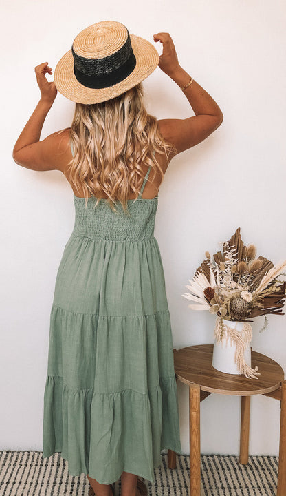 Sonya Khaki Dress | Women's Tiered V Neck Midi Dress