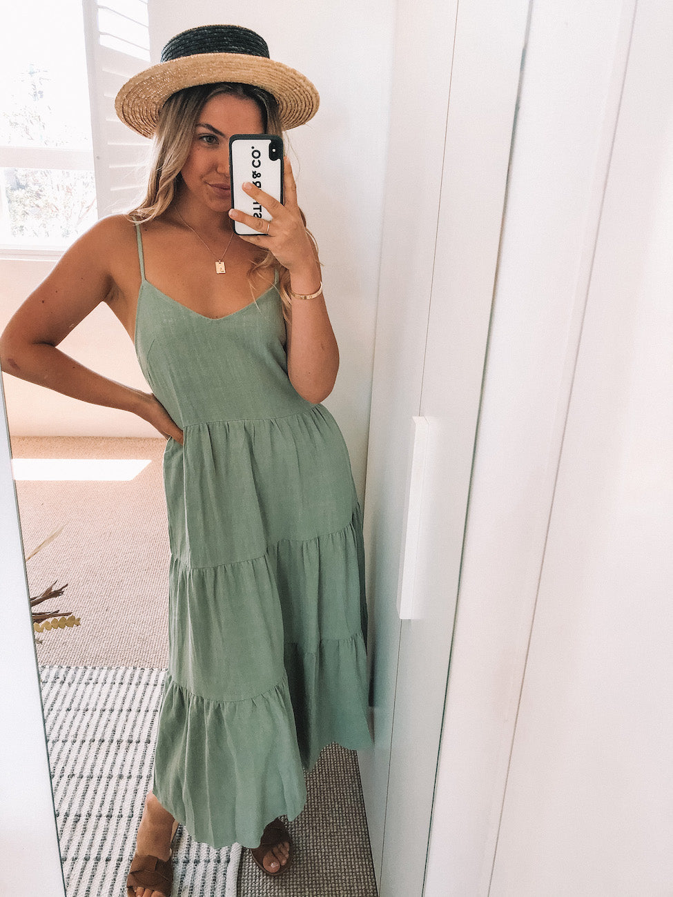Sonya Khaki Dress | Women's Tiered V Neck Midi Dress