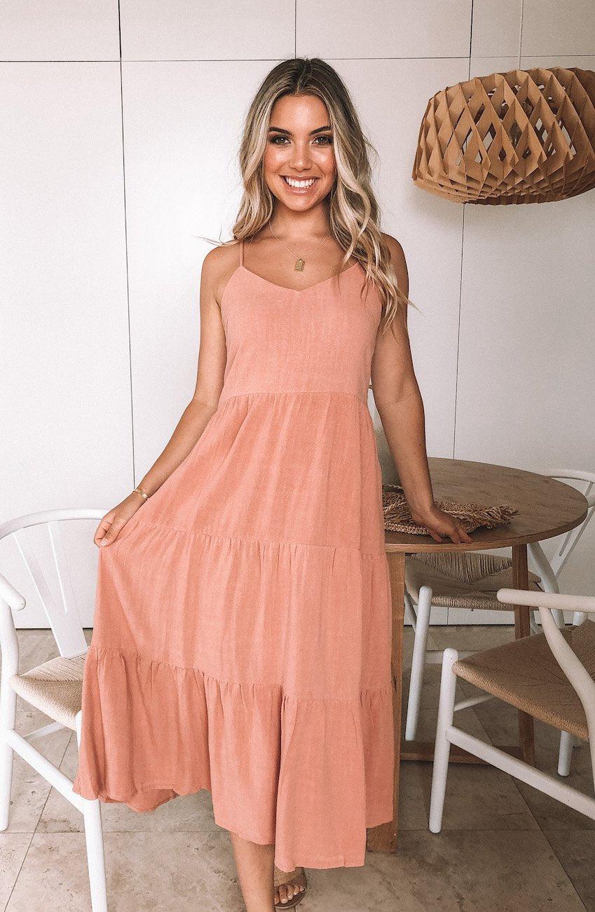 Sonya Rust Dress | Women's Tiered V Neck Midi Dress