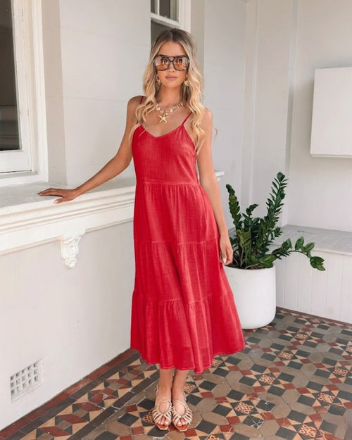 Sonya Cherry Dress | Women's Tiered Linen Midi Dress