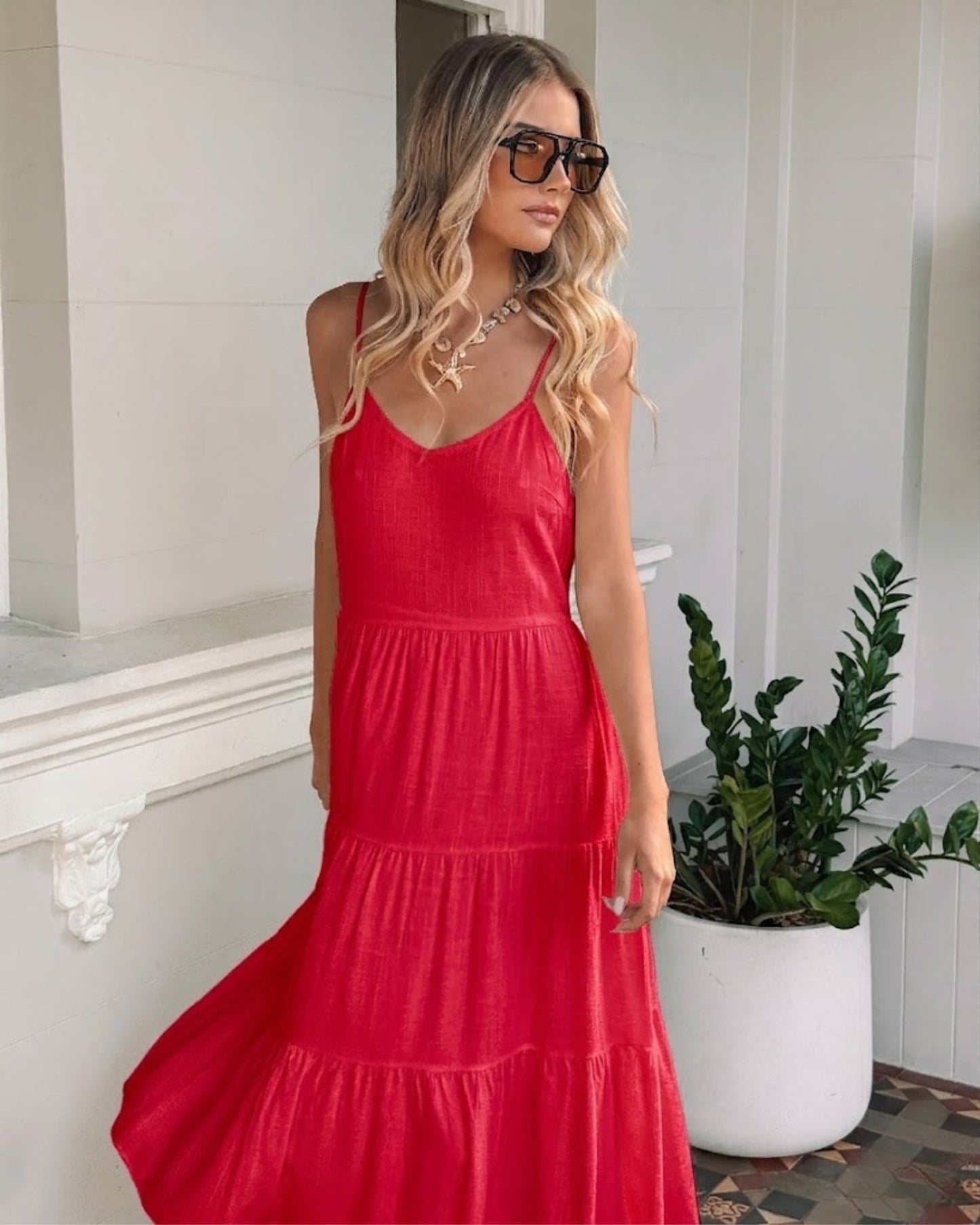 Sonya Cherry Dress | Women's Tiered Linen Midi Dress