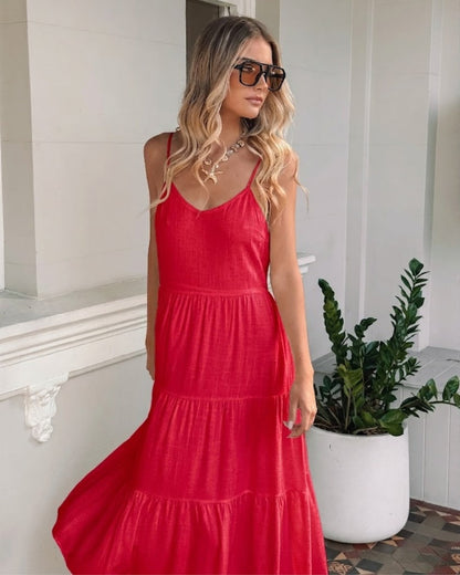 Sonya Cherry Dress | Women's Tiered Linen Midi Dress