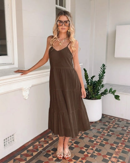 Sonya Chocolate Dress | Women's Tiered Linen Midi Dress