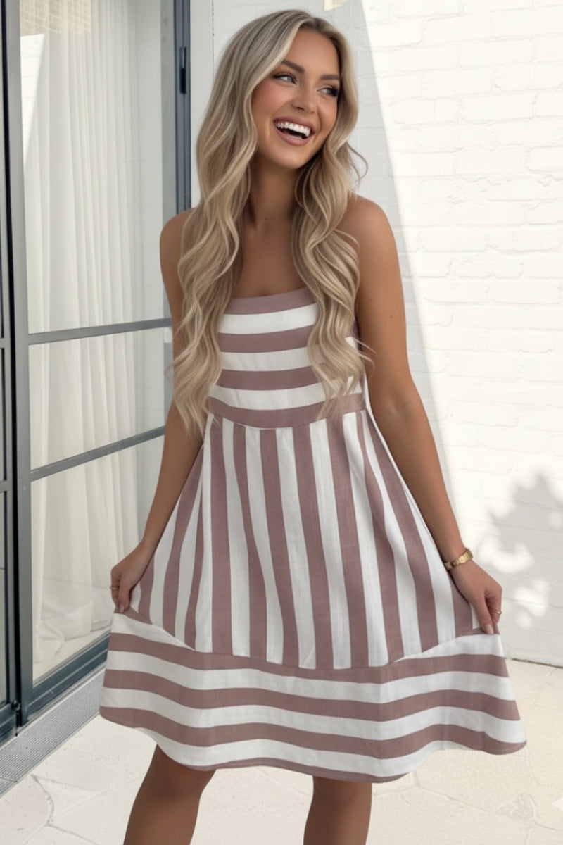Sylvaine Mini Dress - Tan Stripe | Women's Striped Mini Dress