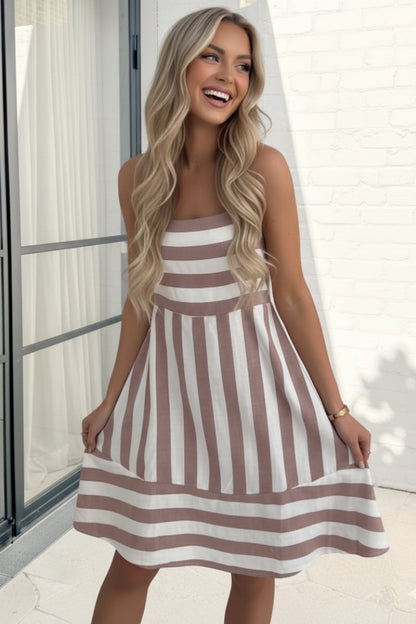 Sylvaine Mini Dress - Tan Stripe | Women's Striped Mini Dress
