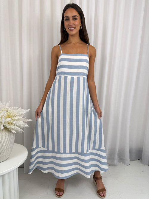 Teyana Blue Stripe Dress | Women's Striped Midi Dress