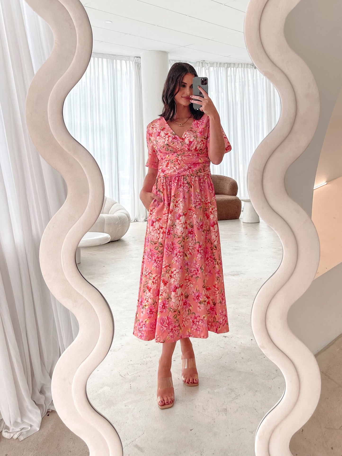 Tivona Peach Blossom Dress | Women's Floral Midi Dress